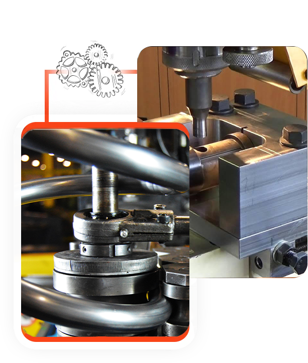 Two overlapped photos showing the tools of custom mandrel bending and other services from True Mandrel